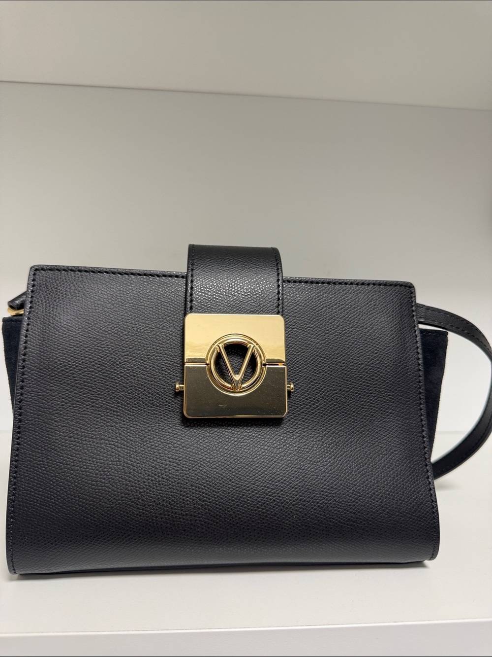 Valentino Black Leather Shoulder Bag with Gold Logo Lock